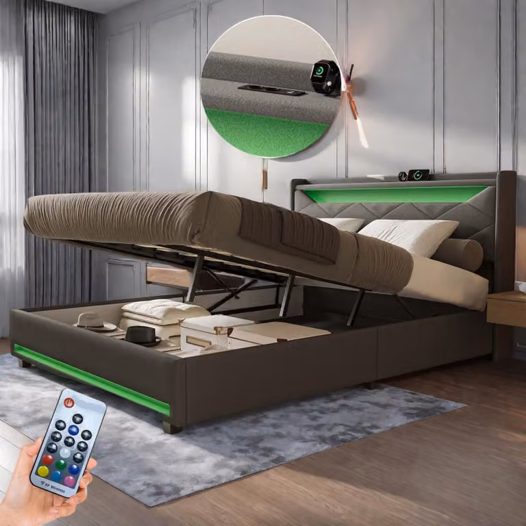 Letto imbottito Fortuna Lai 140x200 cm con illuminazione LED e funzione di ricarica USB/Tipo-C - Letto con contenitore e molla a gas - Lino grigio
