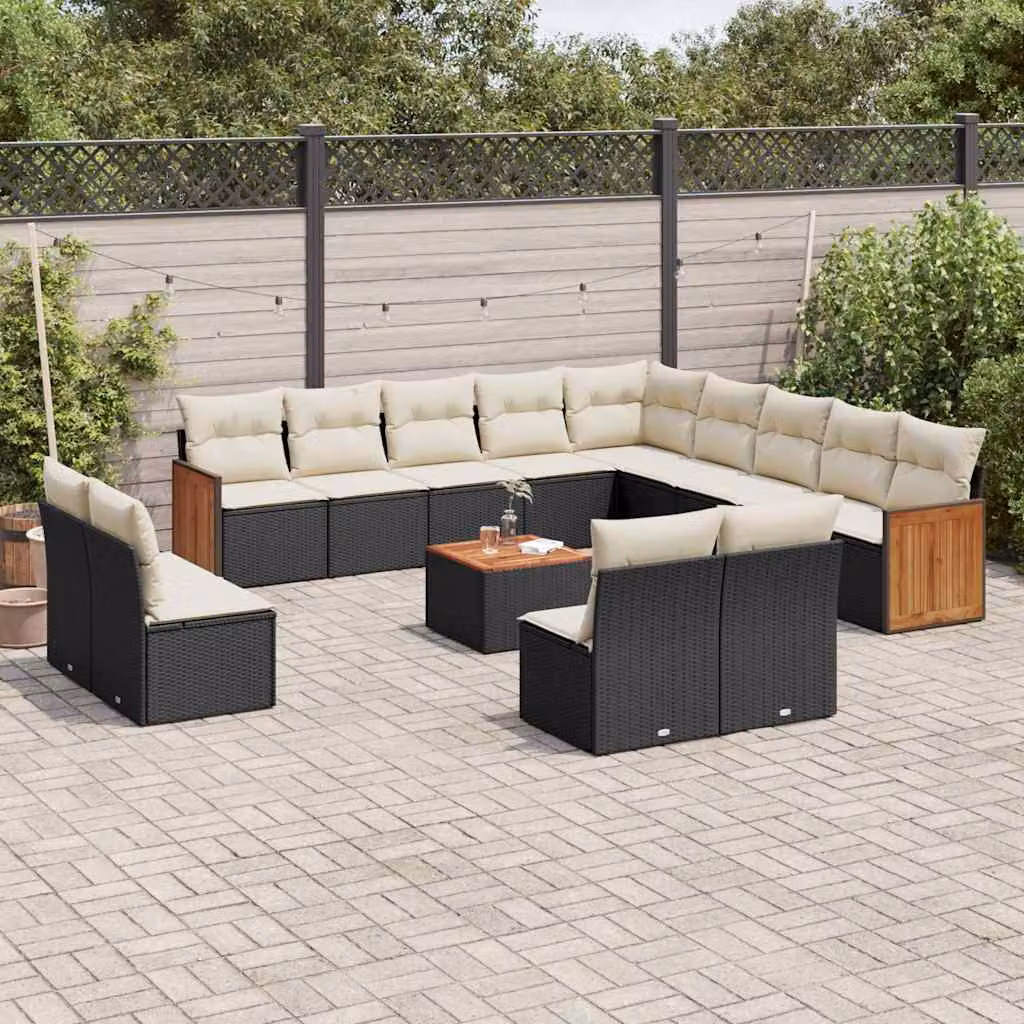 vidaXL Set Divani da Giardino a Forma di U in Polyrattan Nero con Cuscini e Tavolino da Esterno – 1