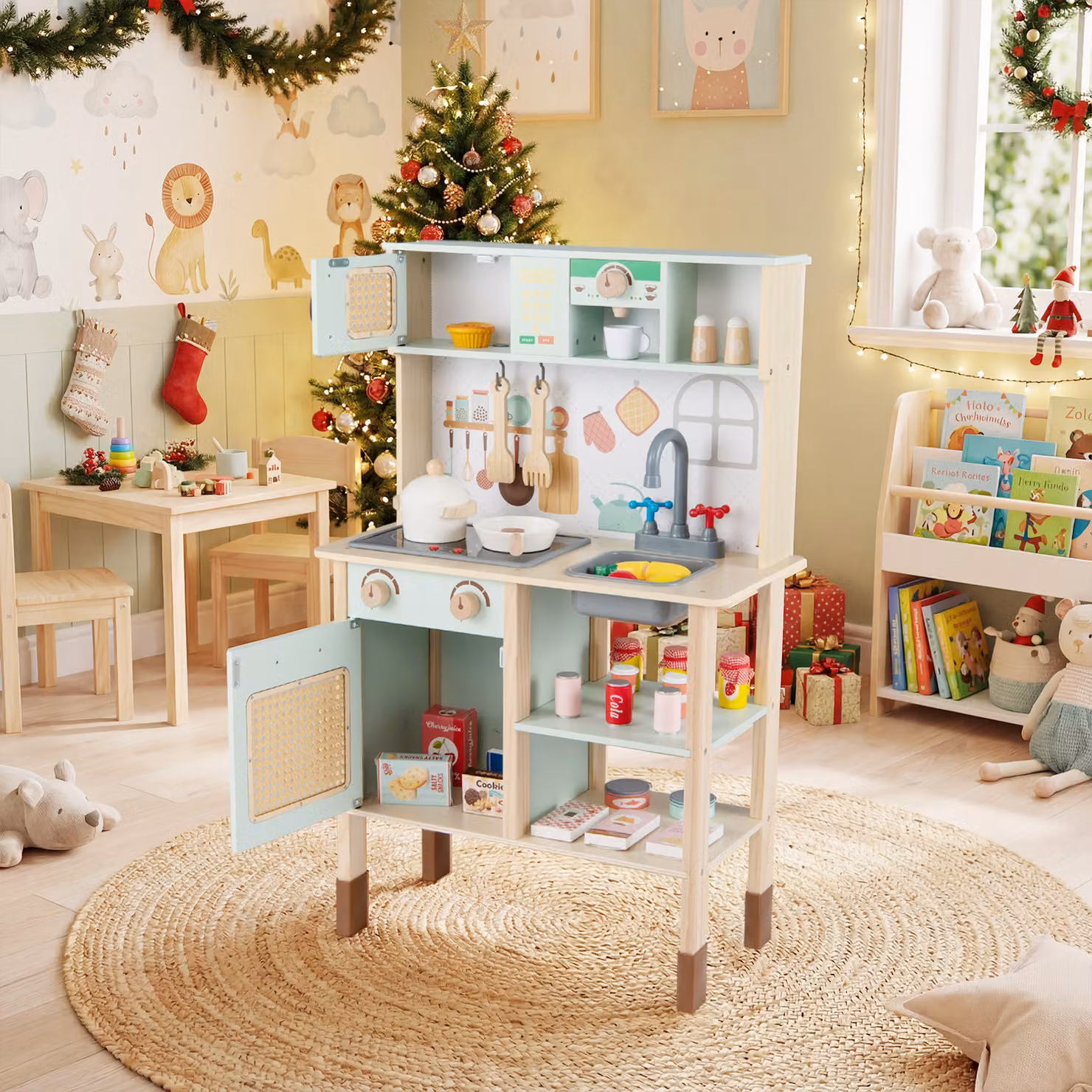 Cucina da gioco in legno Costway per bambini con luci e suoni, set giocattolo con accessori verde