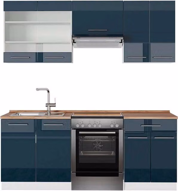Mobili da cucina moderni Vicco Fame-Line Blu scuro lucido e Bianco con Rovere, L: 200 cm