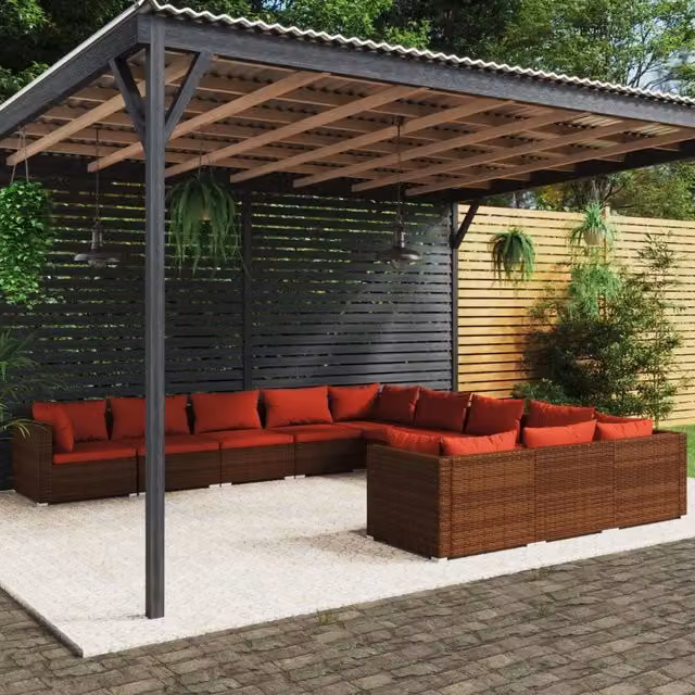 Set di divani da giardino a forma di U vidaXL composto da 11 pezzi con cuscini in polyrattan marrone e rosso e struttura in metallo – 1