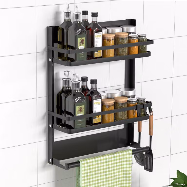Portaspezie da parete - Singolo ripiano 30 x 11 x 21 cm - Acciaio inossidabile - Nero - Per cucina e bagno