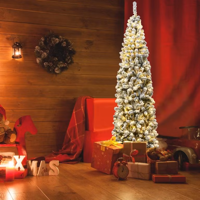 Albero di Natale sottile con neve, 225 cm, 350 luci LED
