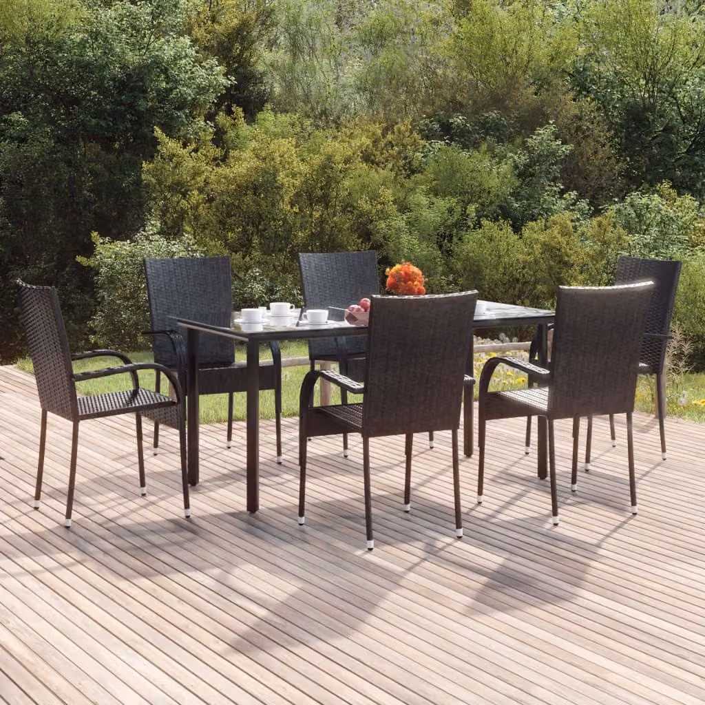 The Living Store Set da pranzo da giardino 7 pezzi in poly rattan nero