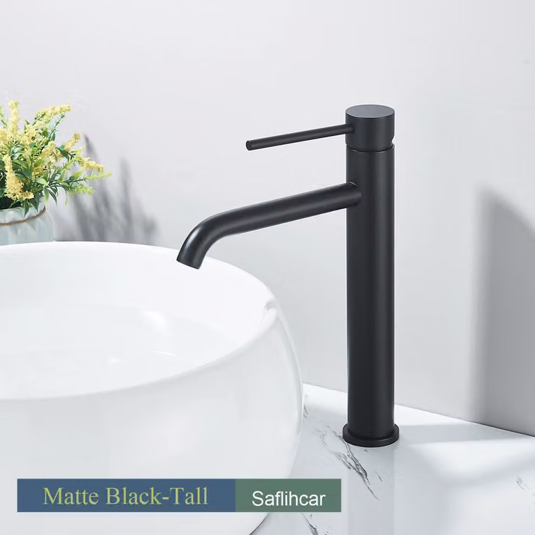 Miscelatore per lavabo – Modello alto – Installazione monoblocco – Miscelatore monocomando – Acciaio inossidabile – Cartuccia in Vetroceramica – Completo di tappo a salvagoccia – Nero opaco