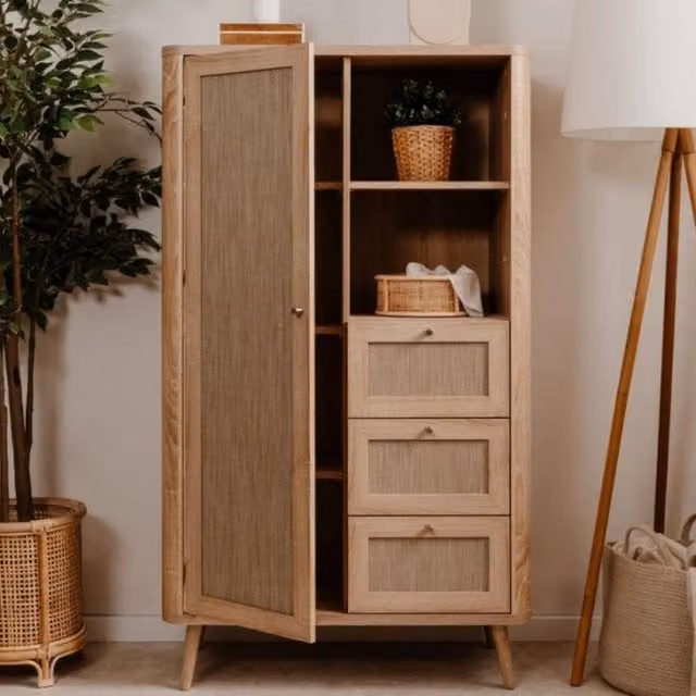 Credenza KUTA53 rovere sonoma 3 cassetti e anta effetto rafia
