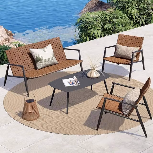 Salotto da Giardino 4 Posti con 2 Sedie e Divanetto Seduta Intrecciata + Tavolo