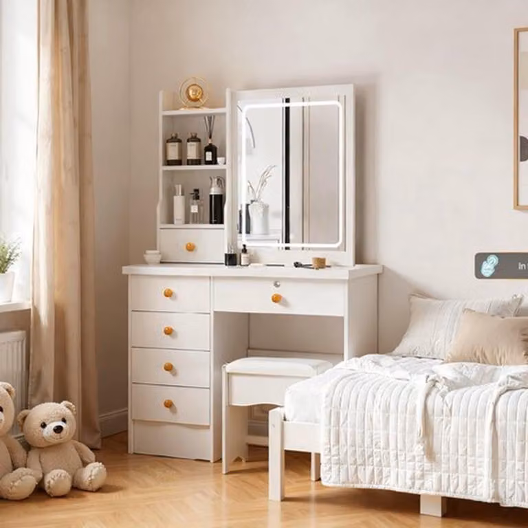 Comò con specchio a LED a 3 colori, 6 cassetti, ripiani portaoggetti e sgabello, dimensioni 90x54x18 cm