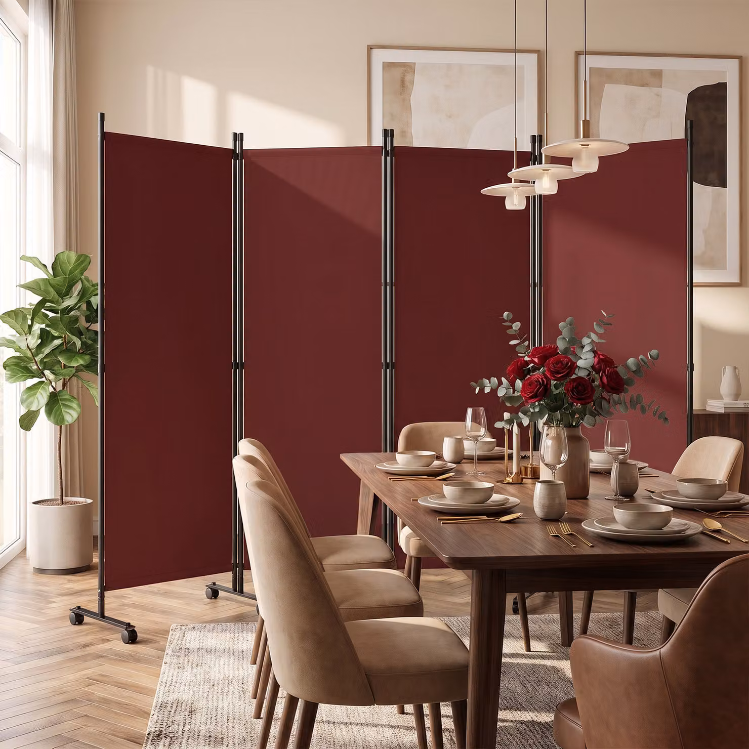 Paravento divisorio Costway con 4 pannelli su ruote in metallo per soggiorno, disponibile in marrone o rosso