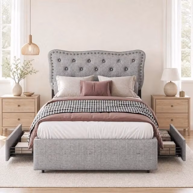 Letto singolo imbottito ULEVR 90x200 cm con 2 cassetti, testiera regolabile e borchie decorative, grigio