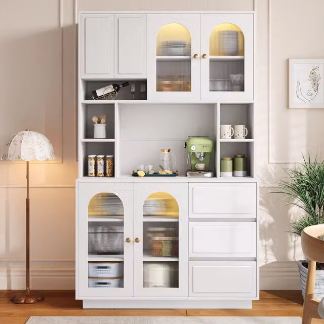 Credenza da cucina alta con ripiani LED tramite app, 4 ante arcuate e 3 cassetti, MDF bianco, 106 × 30 × 175 cm