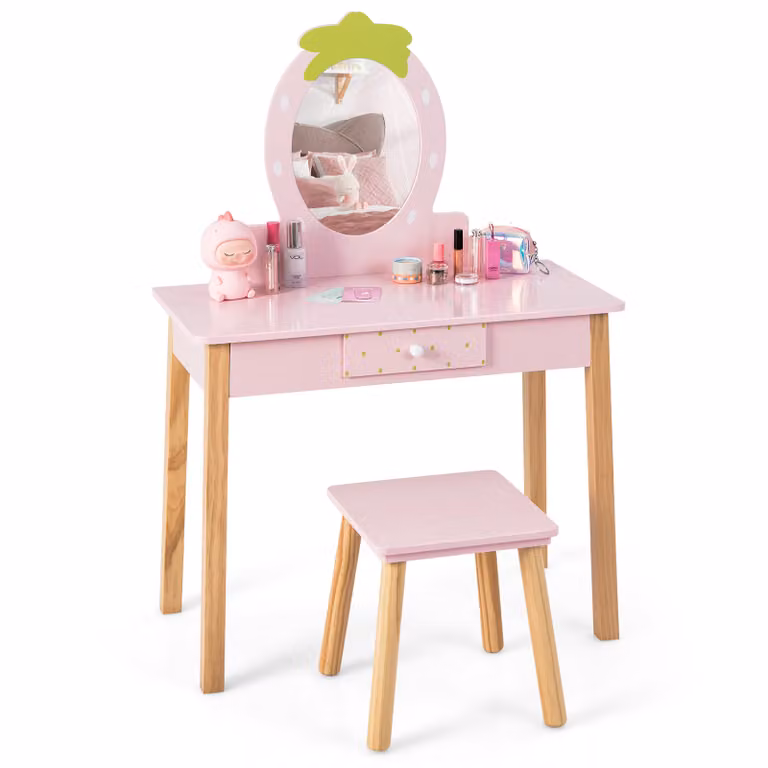 Tavolino da toeletta per bambini COSTWAY HY10094PI, con sgabello, 2 in 1, con design a forma di coniglio, 2 cassetti e scaffale portaoggetti, rosa - A