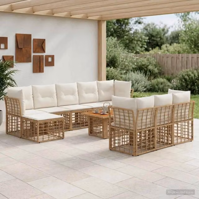 Set Divano da Giardino 11 pz Naturale e Bianco Crema polyrattan 3437912