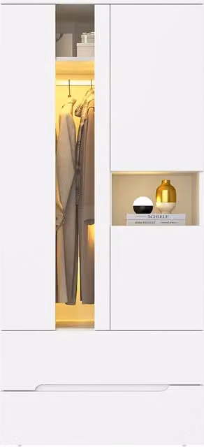 Armadio moderno per camera da letto con illuminazione LED, 2 cassetti, 6 ripiani e asta appendiabiti in MDF bianco, L: 90 cm, P: 50 cm, H: 200 cm – 1