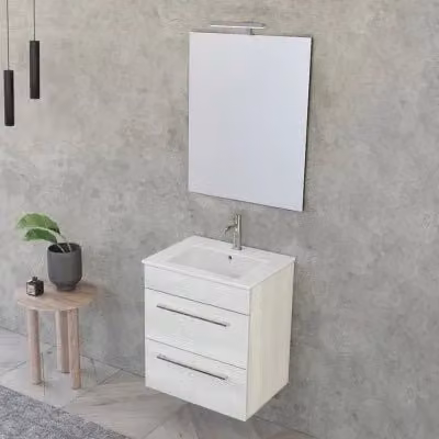 Mobile bagno sospeso Smart bianco e legno con lavabo, specchio e illuminazione LED – 1