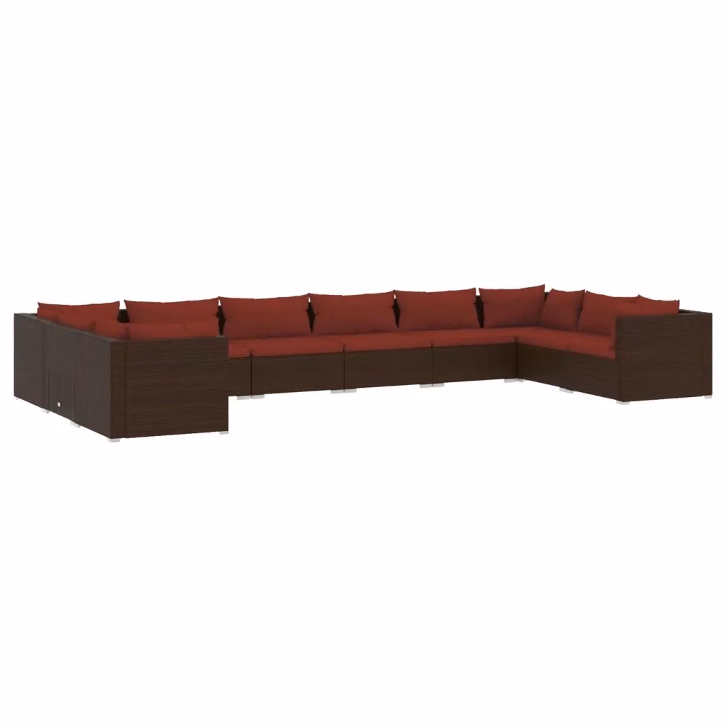 Set di Divani da Giardino a L vidaXL con Cuscini Marrone e Rosso in Polyrattan e Metallo – 2