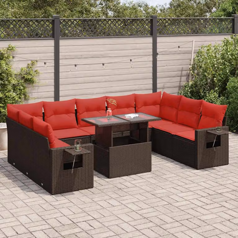 Set Divani da Giardino vidaXL 10 Pezzi in Polyrattan Marrone con Cuscini e Tavolino da Esterno a Forma di U