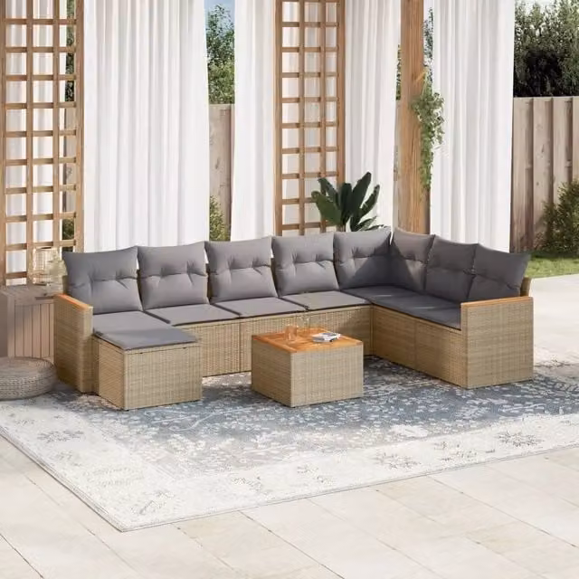 vidaXL Set Divano da Giardino a L in Polyrattan 9 pz con Cuscini Beige e Grigio e Tavolino da Esterno – 1