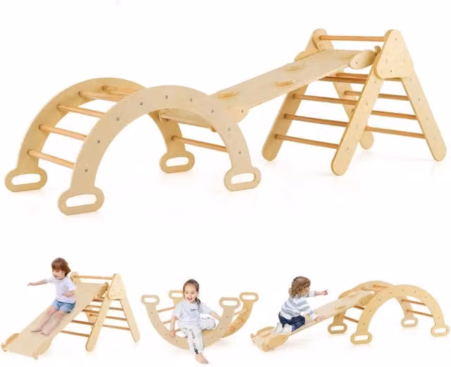 Set di 3 giocattoli da arrampicata Design Mania in legno beige per bambini con triangolo, arco e scivolo, L/P/H: 120 x 64 x 75 cm