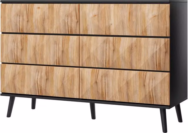 Sideboard in nero e legno naturale con 6 cassetti elevati e struttura robusta 120x40x85 cm