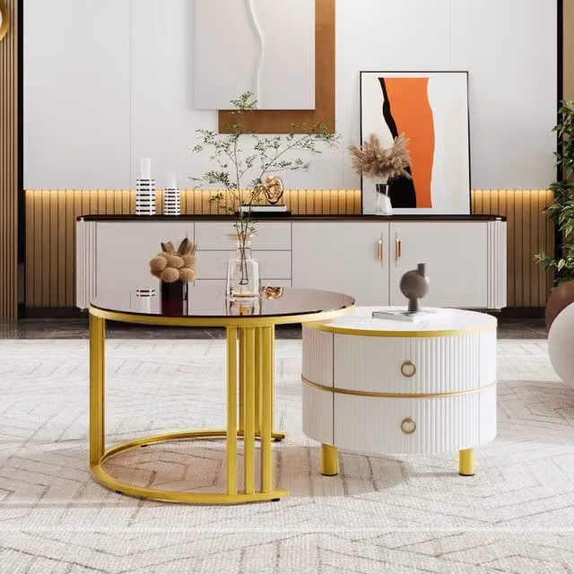 Tavolino da salotto 2 in 1 rotondo - Zephmum- 70x70x45 + 50x50x40 cm- Bianco e marrone- 2 cassetti, piano in vetro temperato