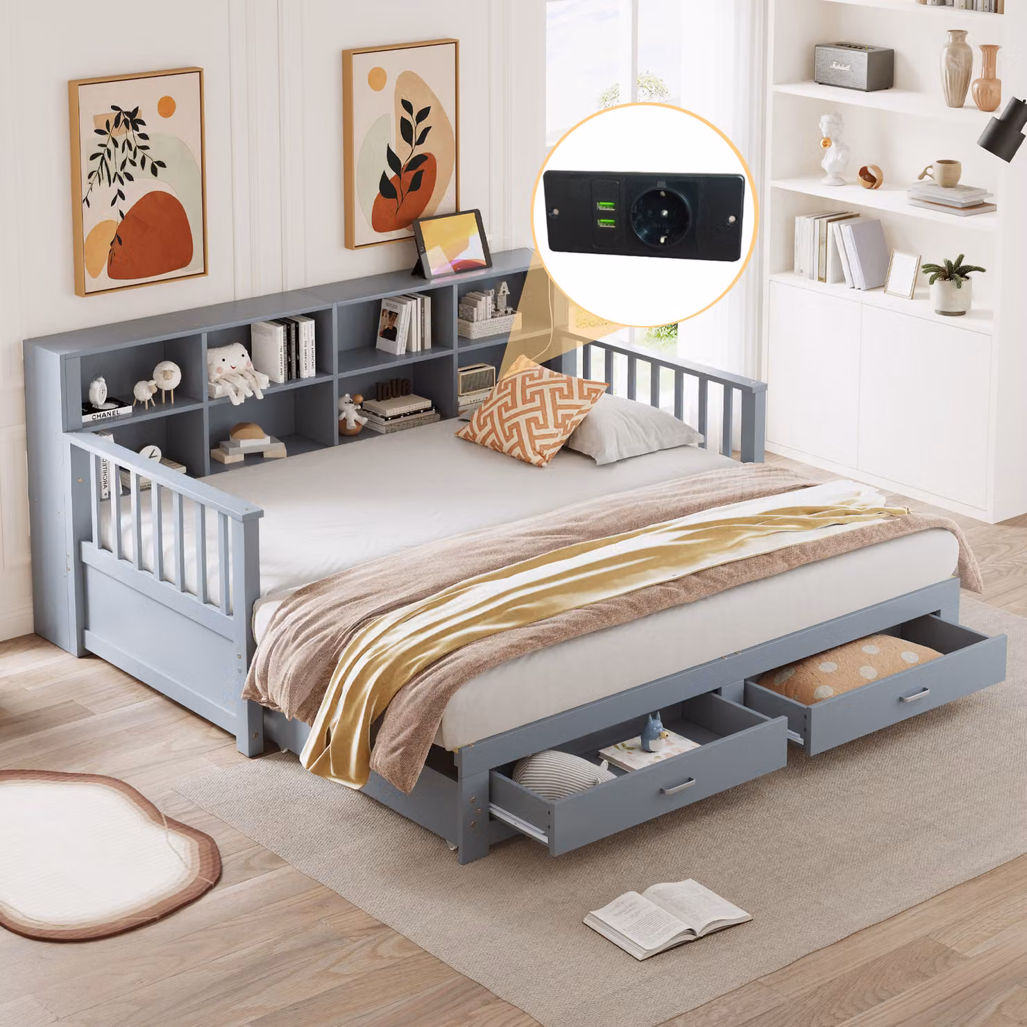 Abrihome divano letto matrimoniale allungabile con funzione letto 90/180x190 cm, 2 cassetti, libreria e presa di ricarica, grigio