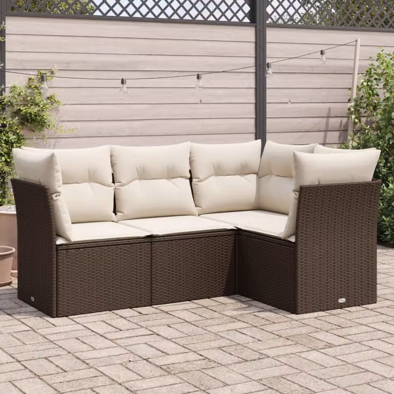 vidaXL Set Divano da Giardino 4 pz a L in Polyrattan Marrone e Bianco con Cuscini Imbottiti e Coperture Rimosse