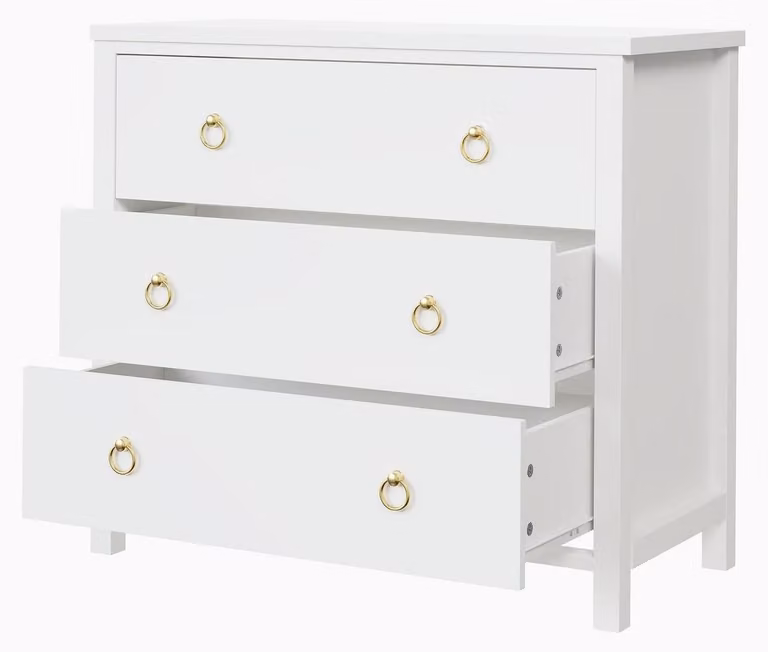 Mobile contenitore a tre cassetti, bianco, realizzato in legno composito, dimensioni 80x40x74 cm