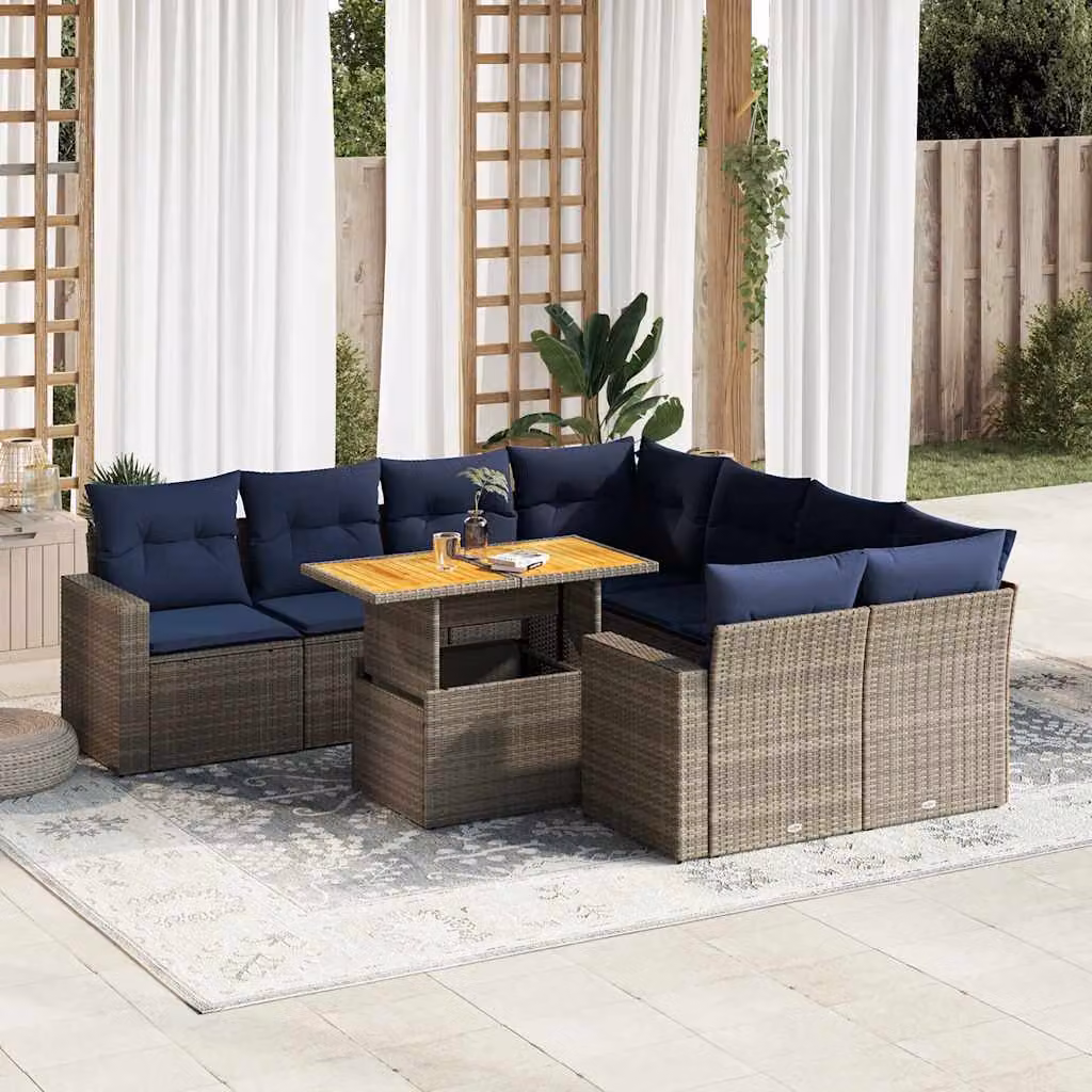Set Divano da Giardino vidaXL 9 pz in Polyrattan e Legno di Acacia con Cuscini Grigio e Blu