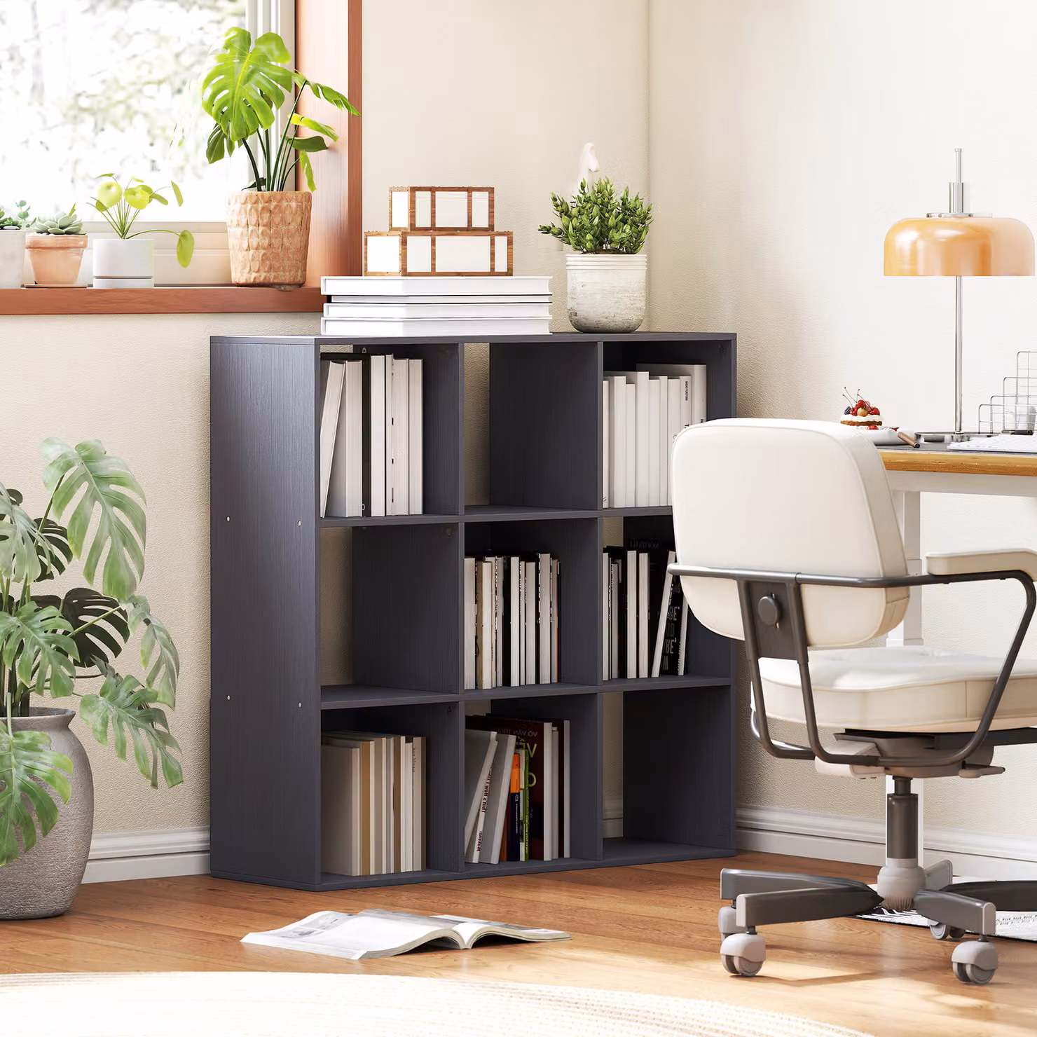 Libreria HOMCOM con 9 scomparti su 3 livelli, scaffale contenitore moderno in grigio, L 91 cm x P 29,5 cm x H 91 cm – 2