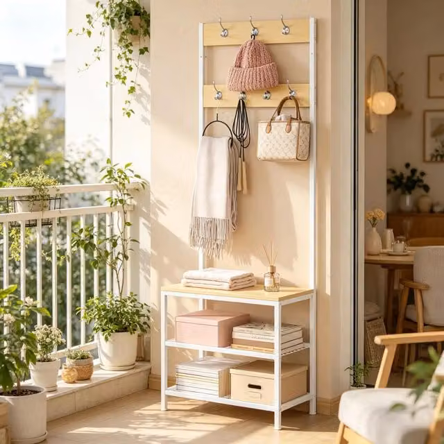 Scaffale per ingresso OKWISH con panca, 7 doppi ganci e 2 ripiani porta scarpe in metallo e legno, bianco, L: 60 cm, P: 31,5 cm, H: 170 cm