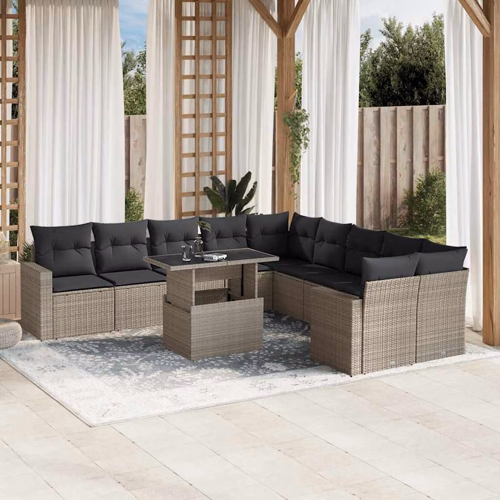 vidaXL Set Divani da Giardino a L 11 pz in Polyrattan Grigio Antracite con Cuscini Imbottiti e Tavolino – 1