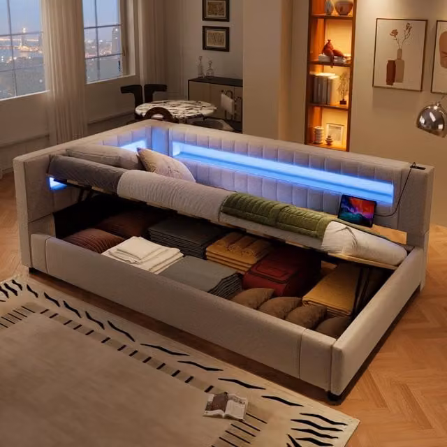 Lettino prendisole idraulico con luci LED e USB 90x200 cm colore beige lino