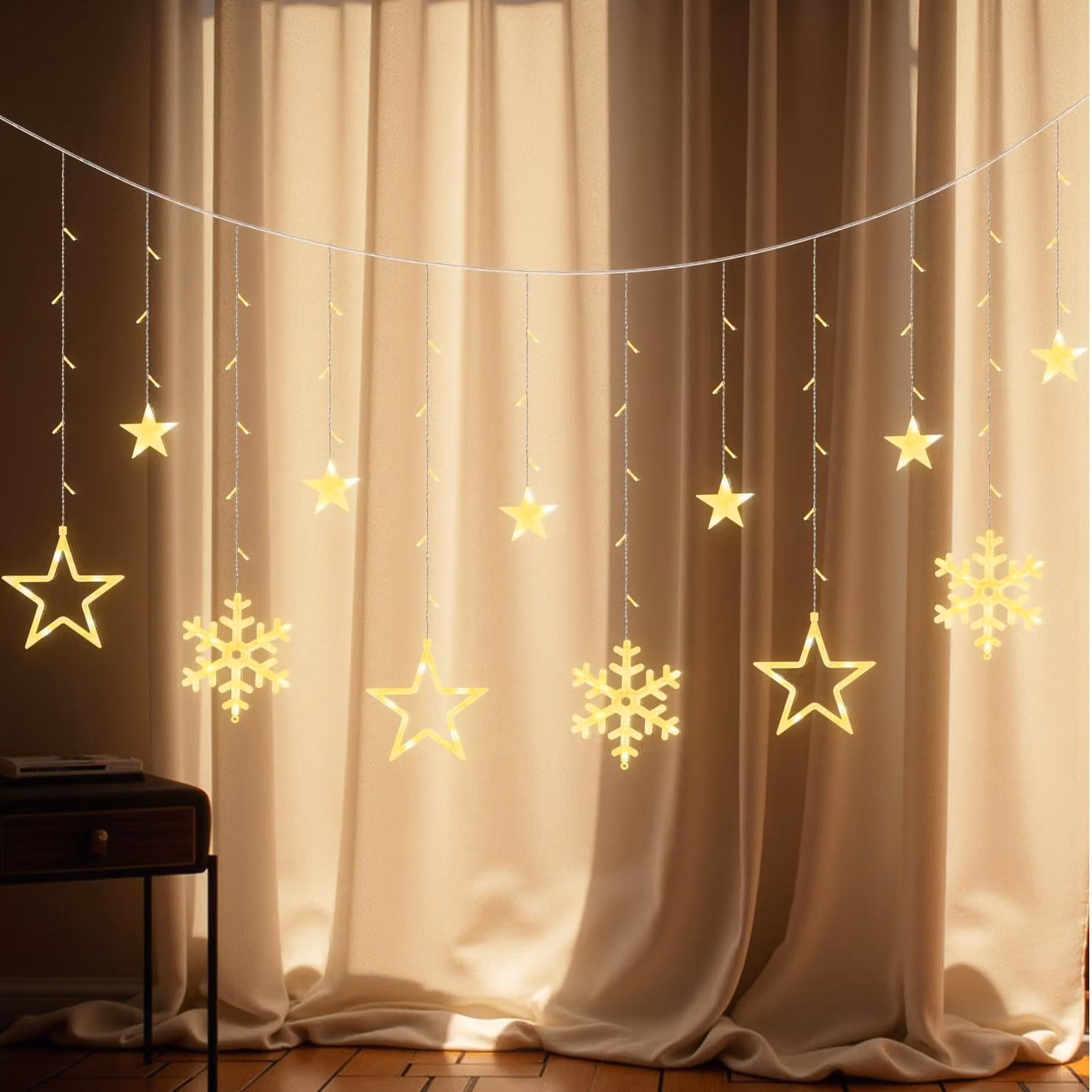 Tenda luminosa con stelle e fiocchi di neve, 1,65 m, luce bianco caldo, alimentazione USB, timer