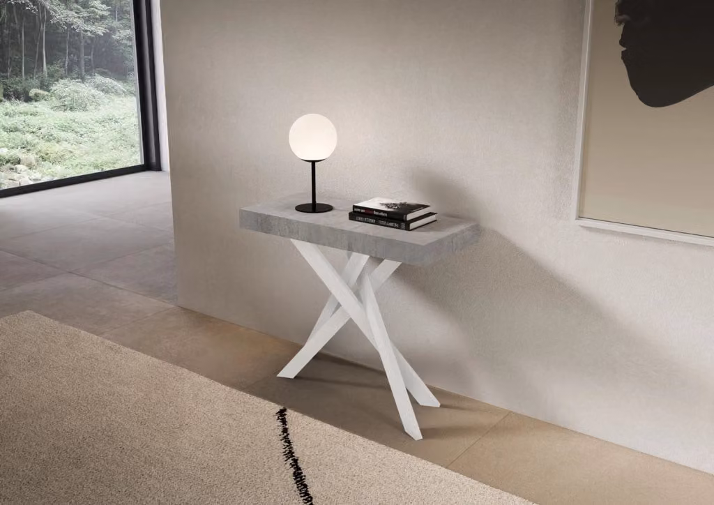 Consolle allungabile Sakuro Premium con finitura cemento e gambe bianche L/P/H: 90 x 40/300 x 77 cm – 2