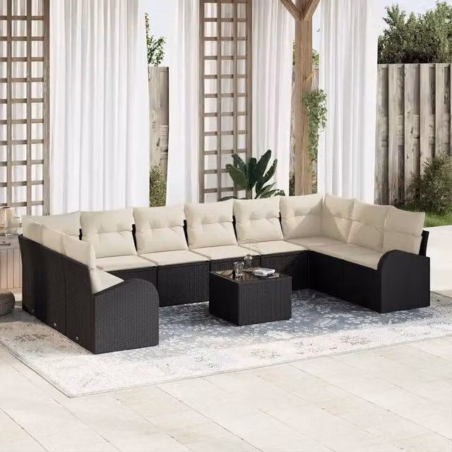 Set di divani da giardino vidaXL a forma di U composto da 11 pezzi con colore nero e beige, con struttura in metallo e sedute in rattan e cuscini inclusi