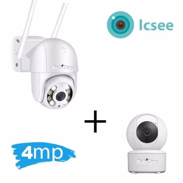 Pacchetto Combo 1+1, RobiCam Comfort, telecamera interna ed esterna, motorizzate, audio bidirezionale, notifiche di movimento