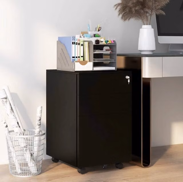 Armadio archivio mobile con 3 cassetti, chiudibile, strutture in acciaio, 37x43,5x60 cm, colore nero, con ruote e freni