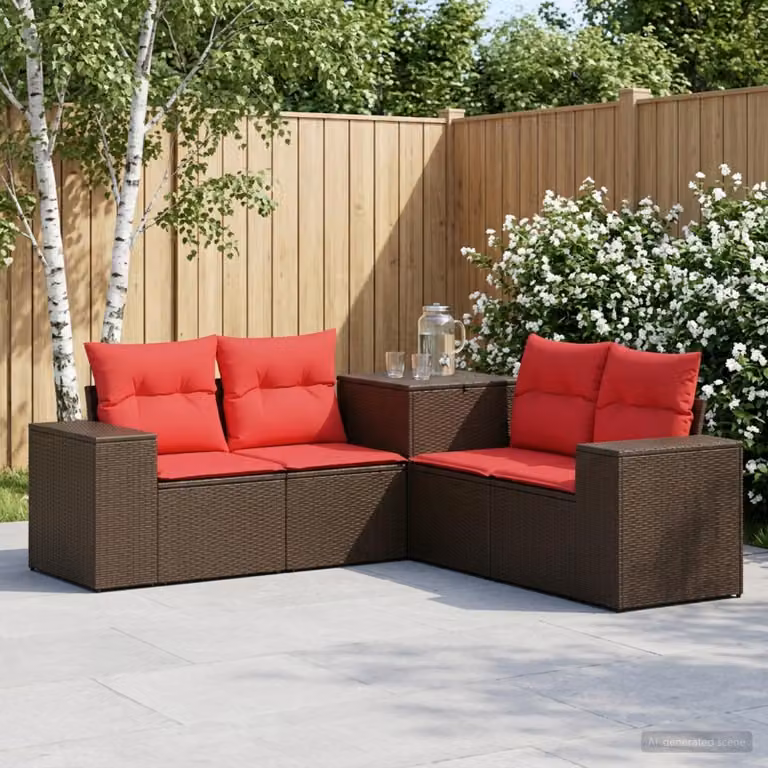 Set di divani da giardino vidaXL a forma di L con poltrona e pouf, in rattan sintetico e metallo, colore marrone e rosso