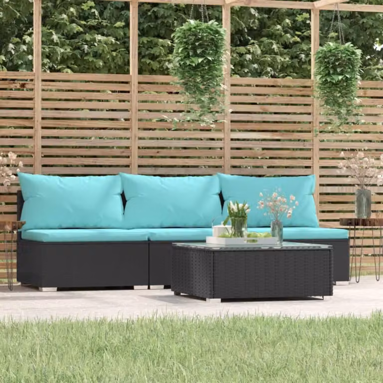 The Living Store Set da giardino 4 pezzi con cuscini in poly rattan nero