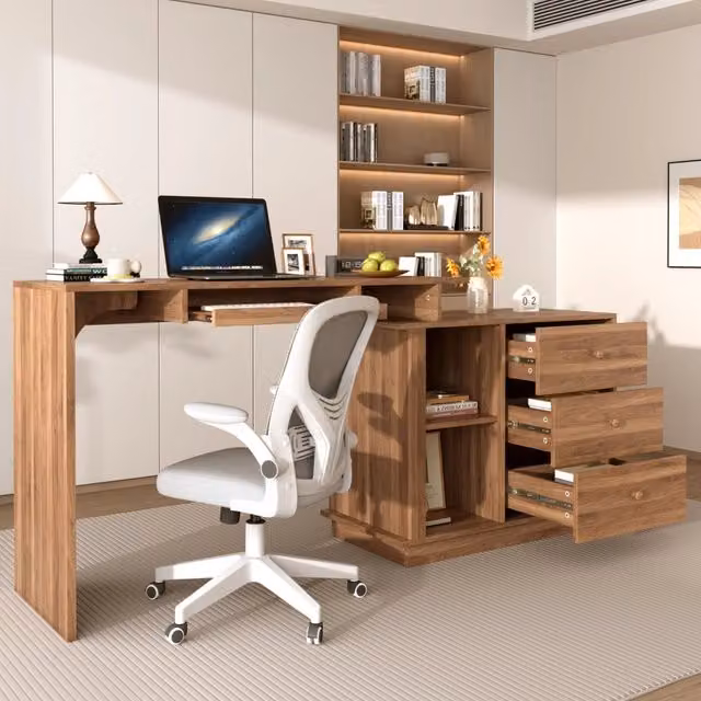 Scrivania dritta estraibile con 3 cassetti, 2 vani aperti e ripiano tastiera studio in MDF noce, 110 × 40 × 75.5 cm