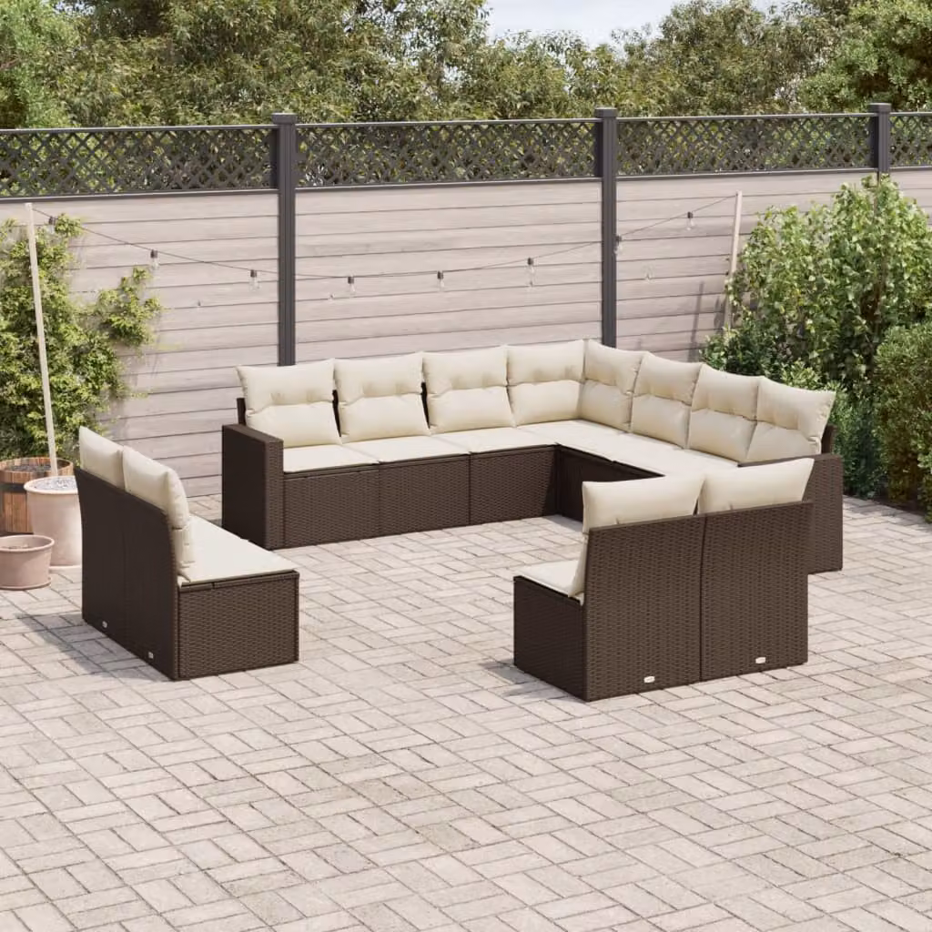 vidaXL Set Divani da Giardino 11 pz a Forma a U in Polyrattan Marrone con Cuscini Bianchi – 1