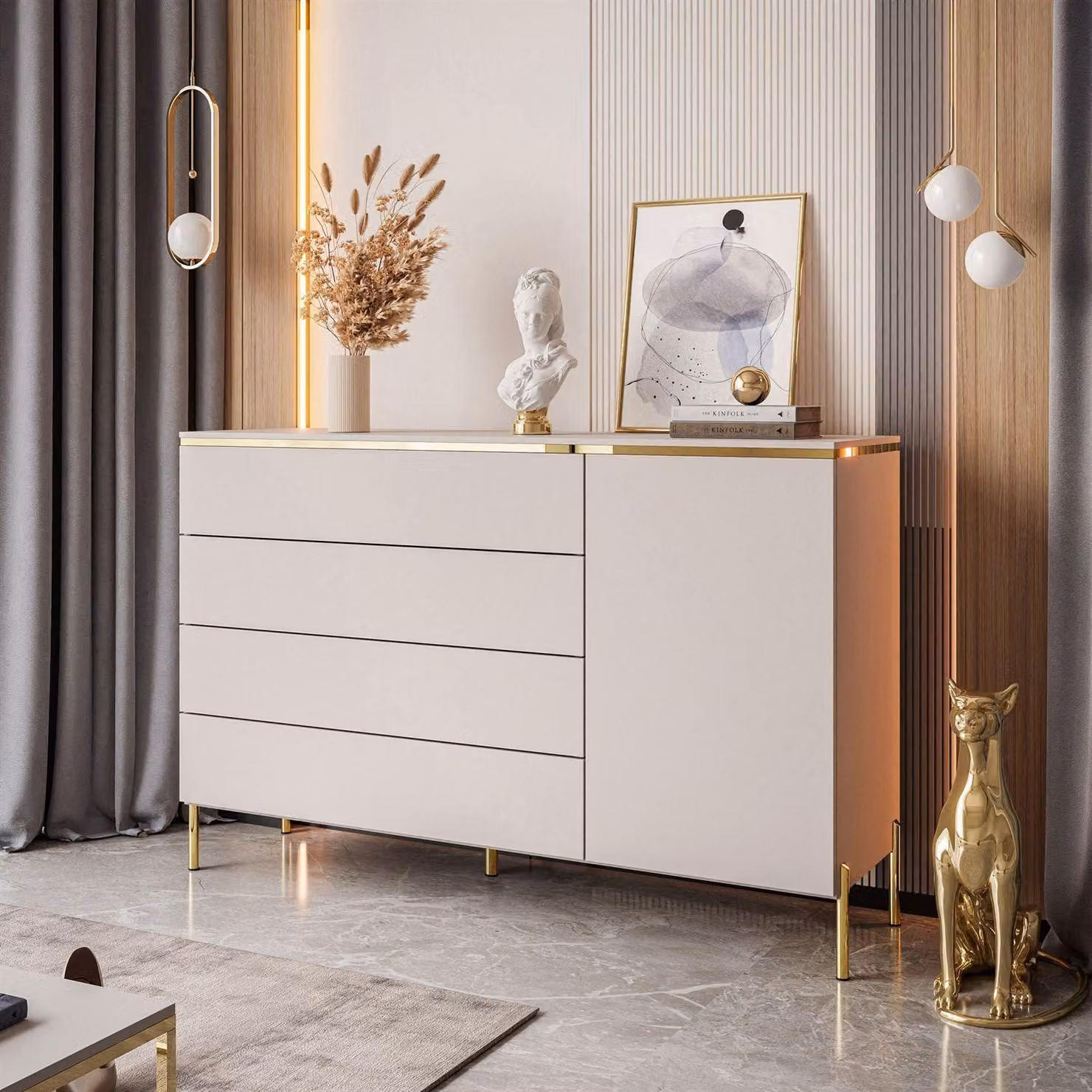 Comodino AURORA con cassetti, color cashmere, da appoggio