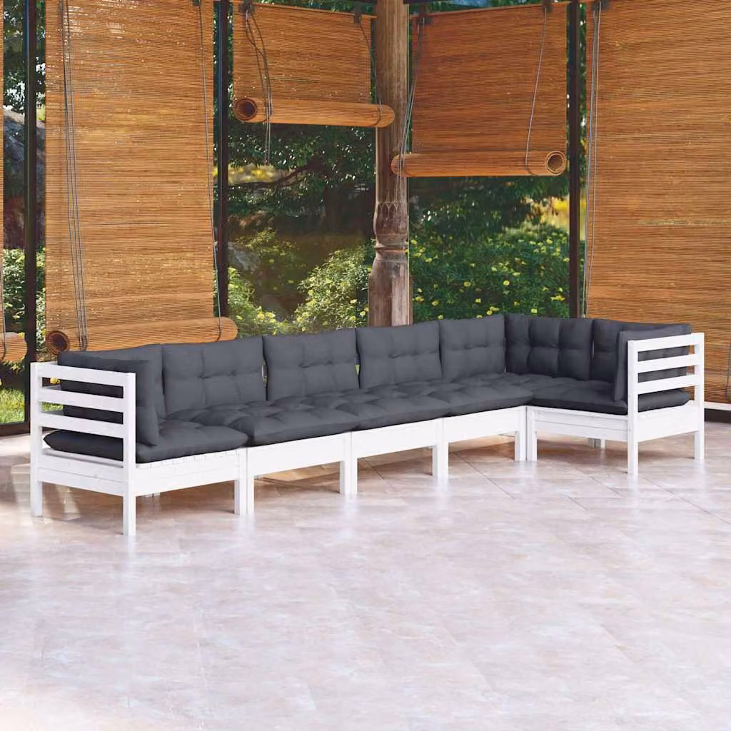 Set di divani da giardino vidaXL a forma di L in legno di pino con cuscini bianchi, antracite o grigi