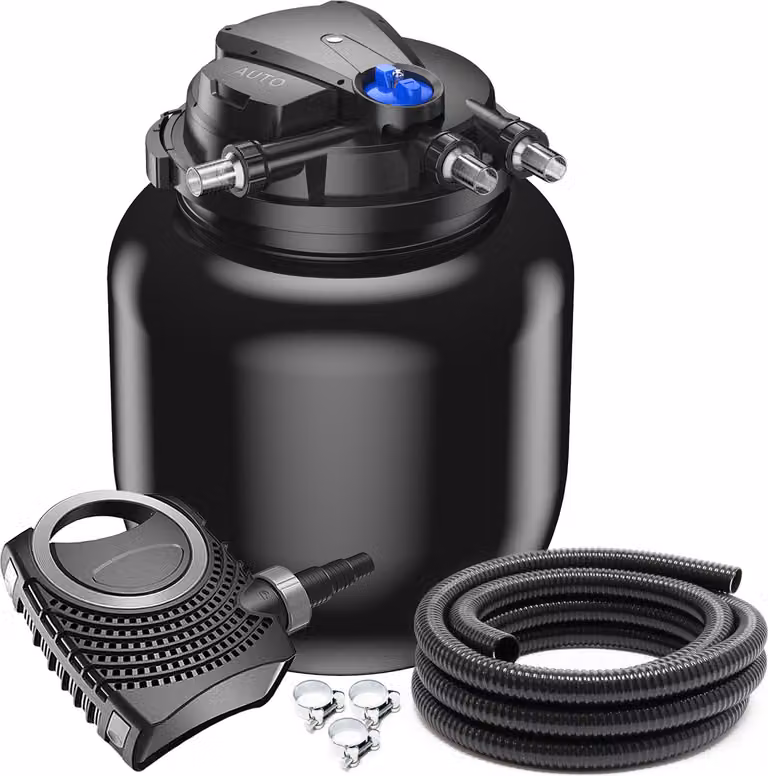 Set completo SunSun: filtro a pressione per laghetti CPA-50000 fino a 100000 L con chiarificatore UV-C da 55 watt, pompa per laghetti NEO10000 SuperECO da 10000l/h 80W, tubo da 10 m per laghetti da 38 mm (1 1/2"), fascette stringitubo W1 44-47mm
