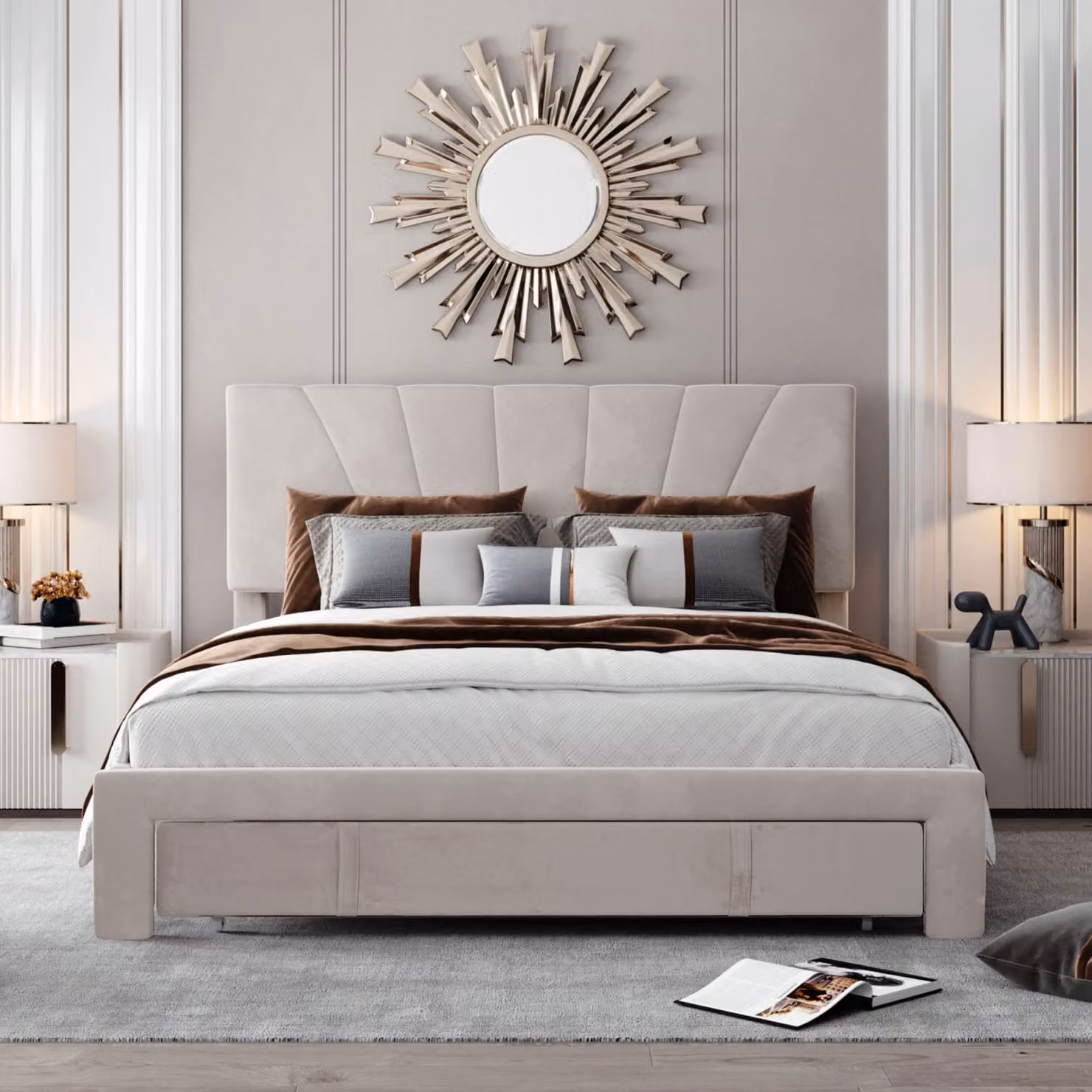 CDGlobal Letto imbottito 140 x 200 cm con cassetto, Letto matrimoniale con contenitore, Letto con rete a doghe, Testata con schienale, Struttura letto moderna, Beige