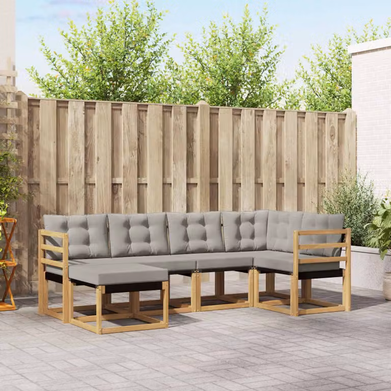 vidaXL Set di divani da esterno a L in legno di acacia con cuscini, Bianco, Grigio e Marrone