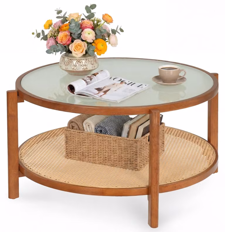 COSTWAY Tavolino da caffè rotondo, 2 ripiani, tavolino per soggiorno in legno con piano in vetro, ripiano in rattan, tavolino bohémien per soggiorno, 80 x 45 cm, noce