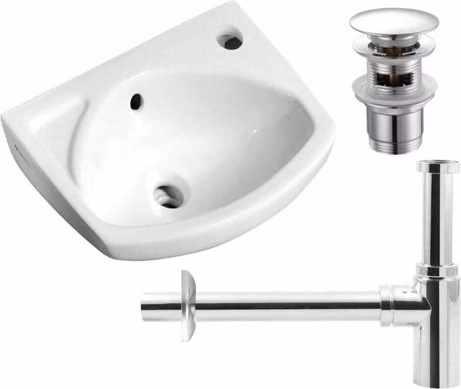 COMPOSIZIONE 3in1: Lavabo piccolo da parete in Vetroceramica 35x28 cm in bianco - Sifone - Tappo
