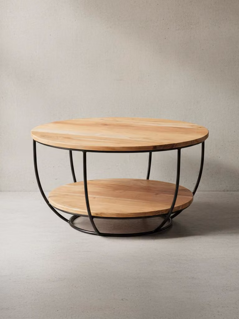 Tavolino da salotto 60x34,5x60 cm in legno massello di acacia / metallo, tavolino da salotto di design, tavolo da soggiorno rotondo, tavolino industriale marrone, tavolo con ripiano